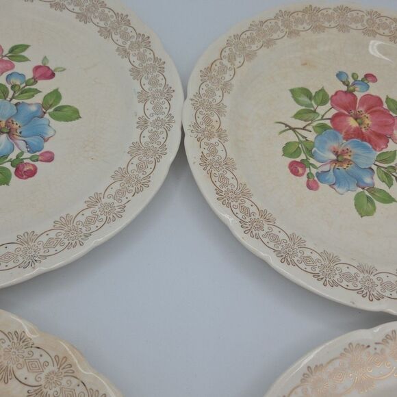 French Saxon China 22k Blossomtime 9.25 Inch Diameter Gold Plates Set Of 4 Lot 1 - Picture 4 of 10